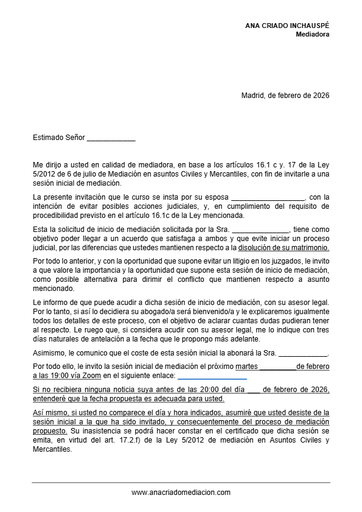 Tema 6 Sesión 2 / Invitación Sesión inicial de mediación / Ana Criado